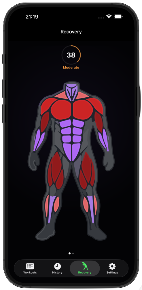 RepSense recovery screen showing muscle fatigue and training readiness on iPhone