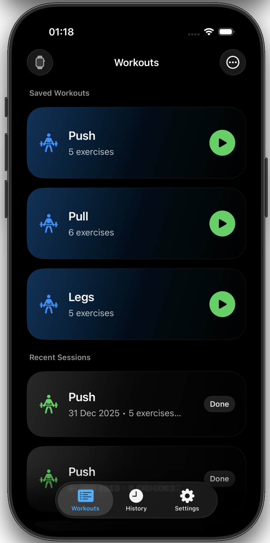 RepRange workouts list screen