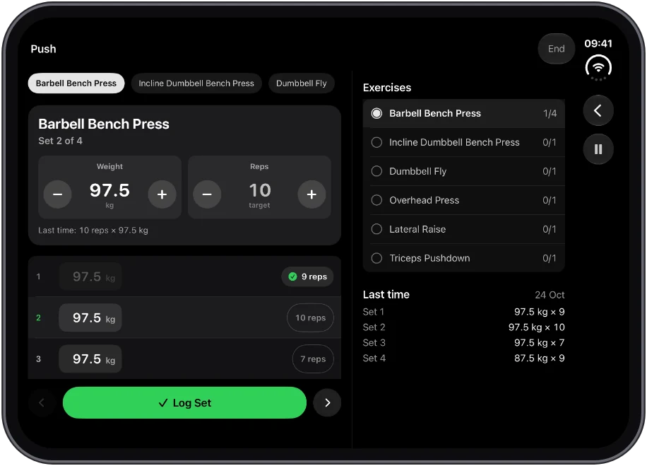 RepSense on iPhone Duo in landscape: the set card beside every exercise and last time's sets