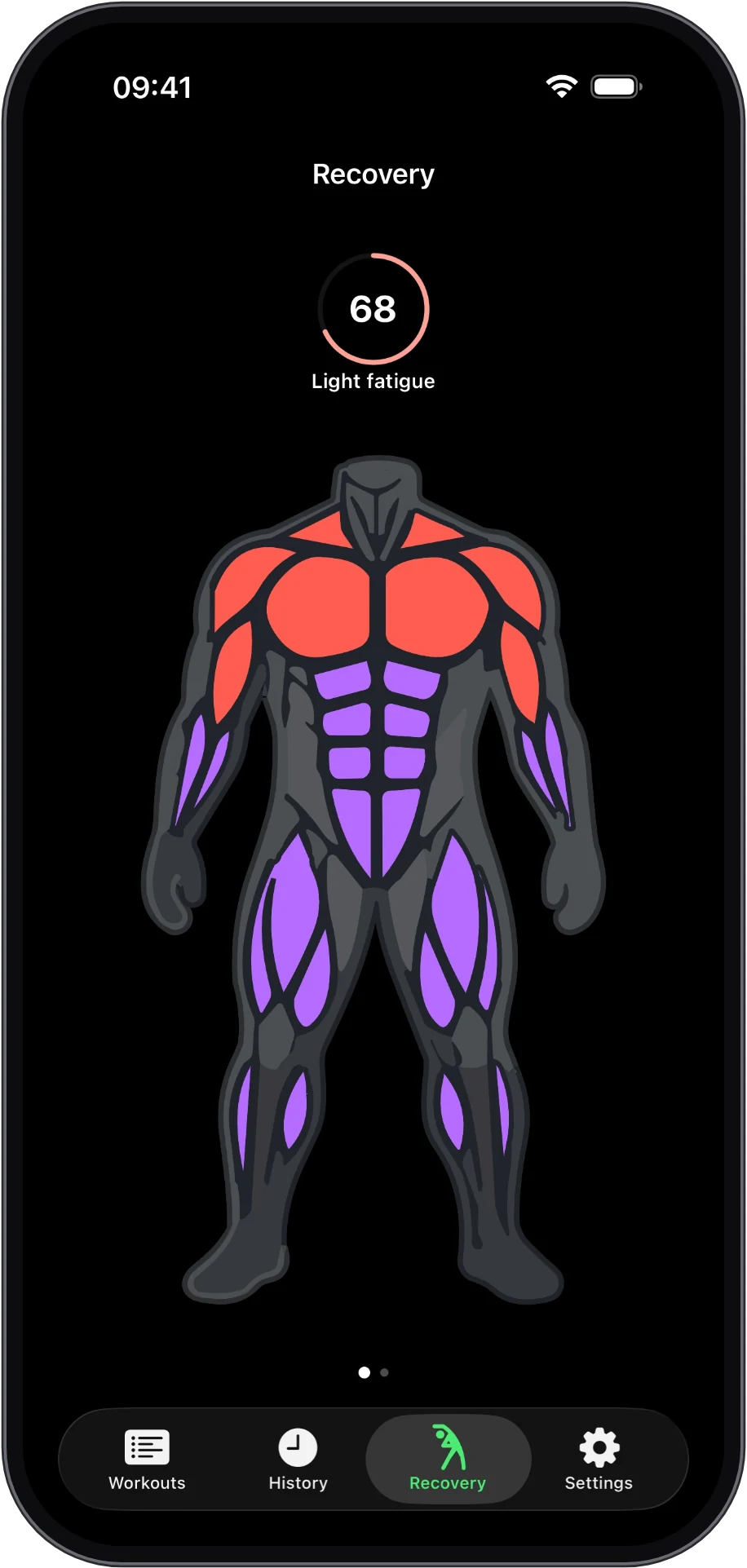 RepSense recovery screen showing muscle fatigue and training readiness on iPhone
