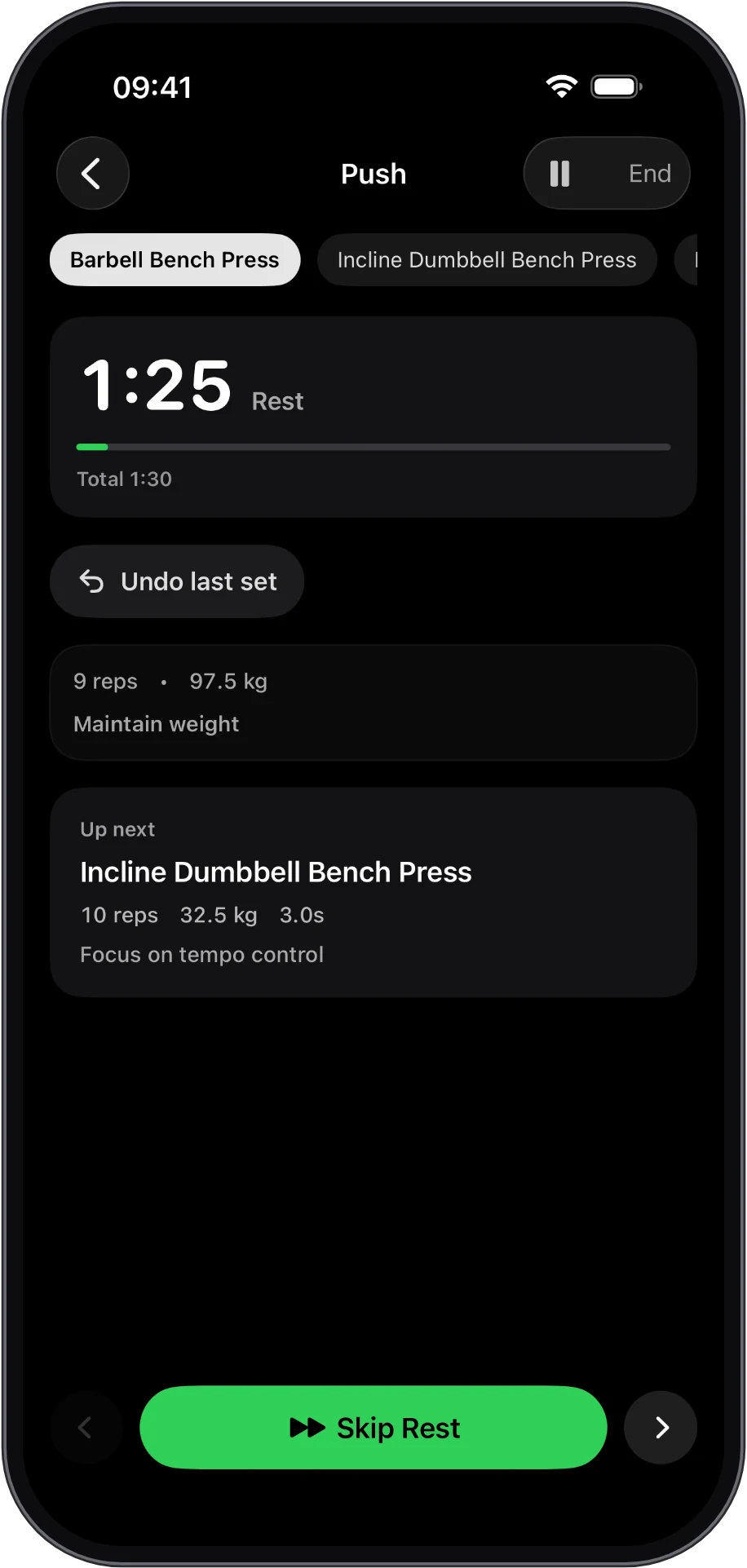 RepSense rest timer on iPhone, with Undo and the next exercise