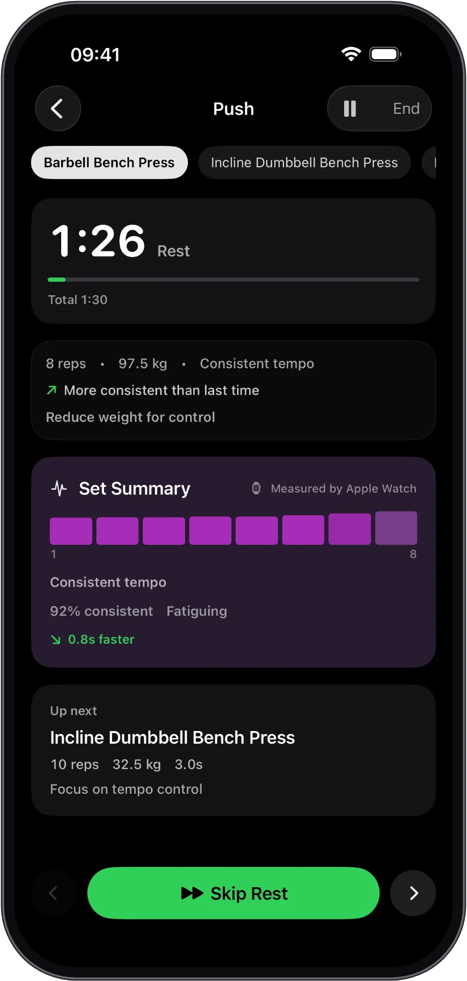 RepSense set summary on iPhone: a tempo bar for each rep, 92% consistent, measured by Apple Watch