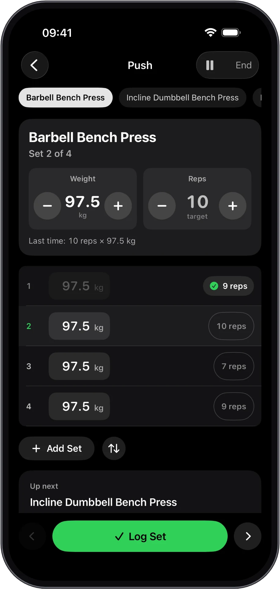 RepSense set card with weight and rep steppers on iPhone