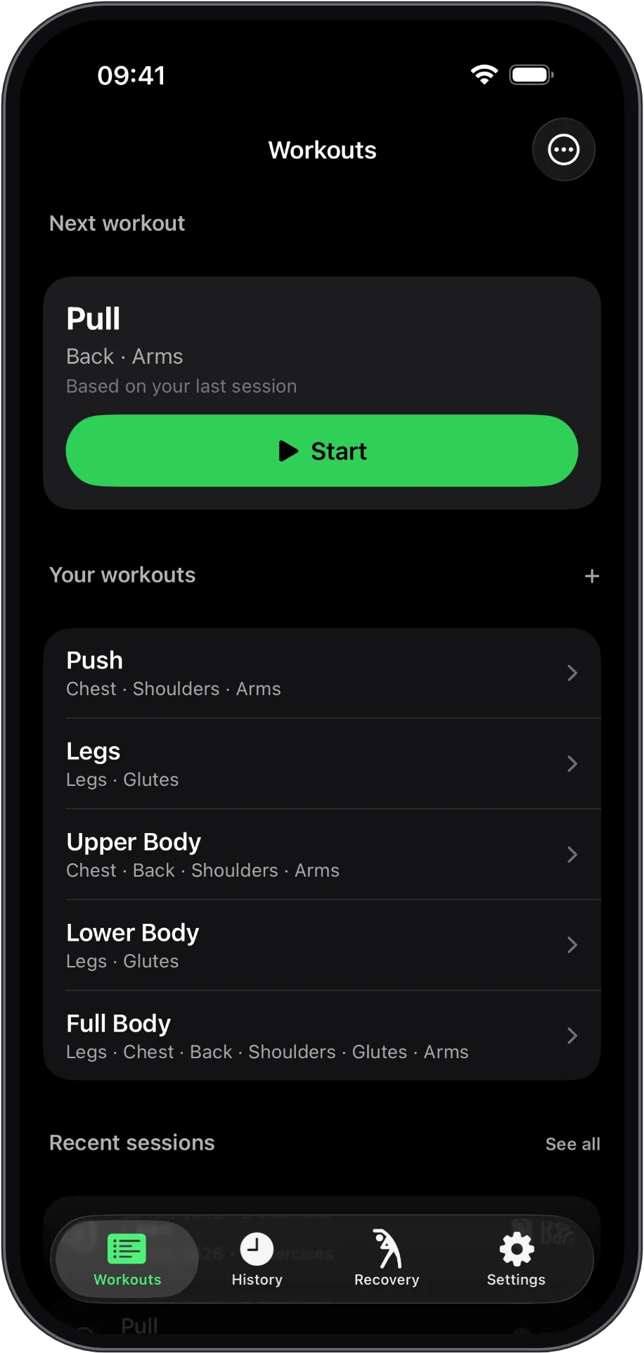 RepSense workouts screen with the next workout and a Start button