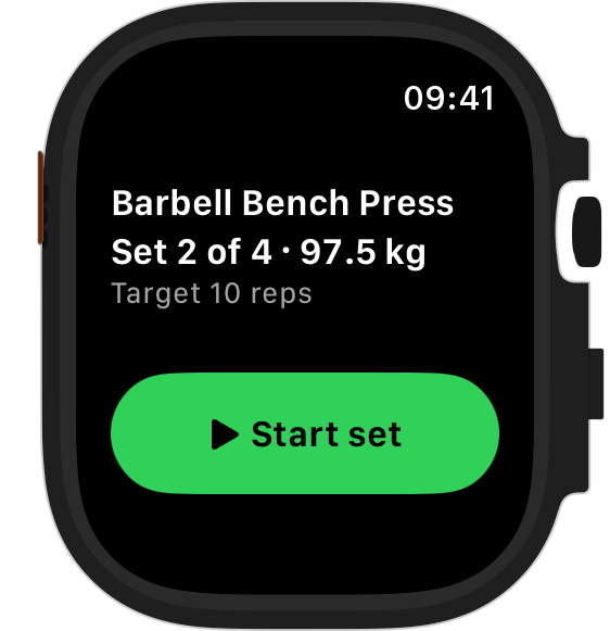 RepSense on Apple Watch between sets: set 2 of 4 at 97.5 kg, target 10 reps