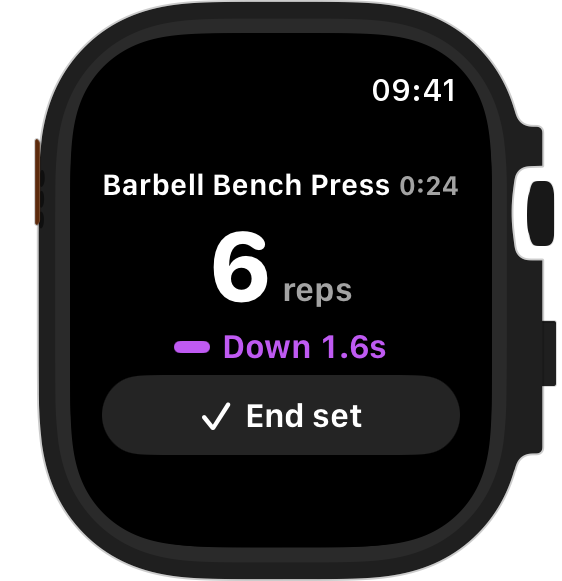 RepSense on Apple Watch mid-set: 6 reps, the current rep lowering for 1.6 seconds