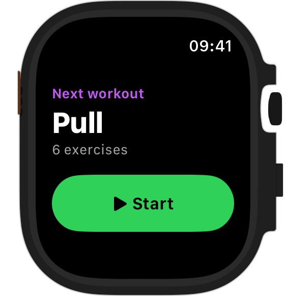 RepSense on Apple Watch: next workout, Pull, with a Start button