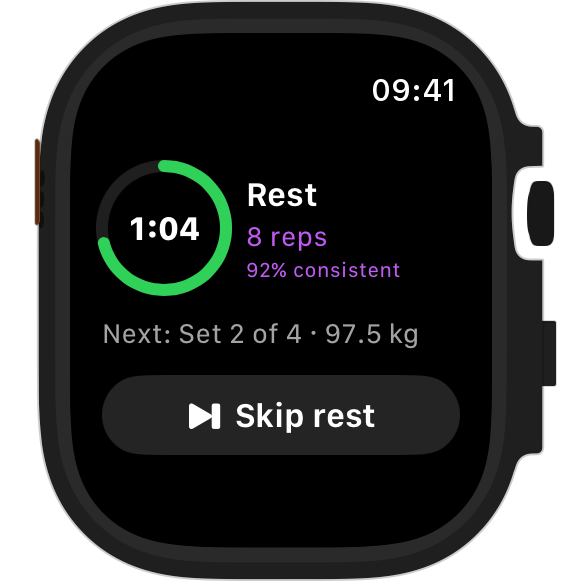 RepSense on Apple Watch resting after the set: 8 reps, 92% consistent